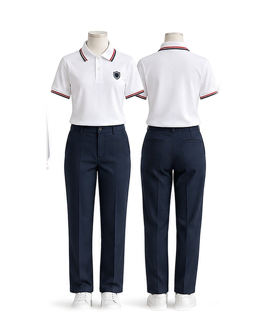 Polo yaka tişört ve pantolon, beyaz / lacivert